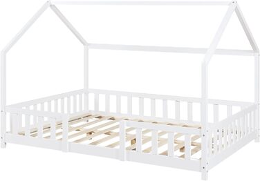 en.casa Kinderbett Sisimiut House Bed 140 x 200 cm with Side Rails, Wooden Bed for Children, Floor Bed, Slatted Frame, Pine Wood, Matt White, 140x200cm
