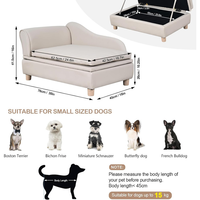 Софа для собак та котів Yoonnie room з PU-шкіри з місцем для зберігання, дерев'яний каркас, подушки, ліжко для маленьких тварин, софа для цуценят та котів (Перловий білий)