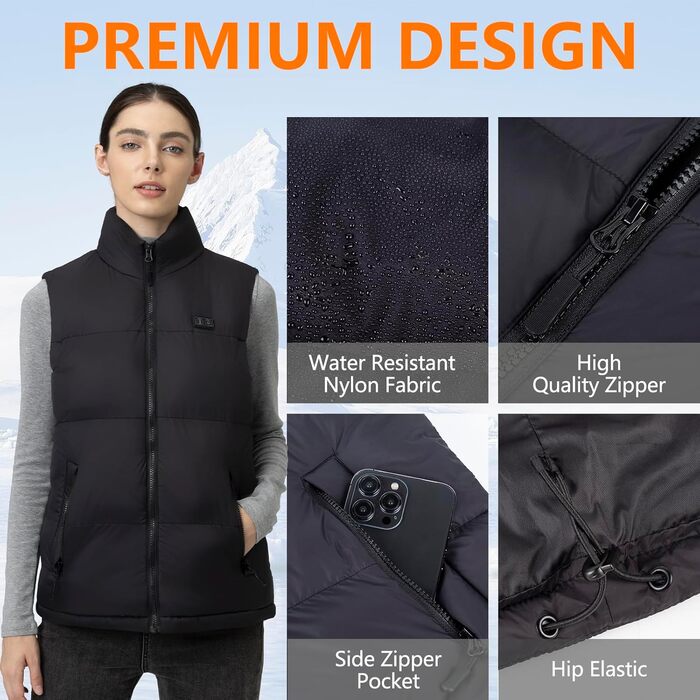 Обогрівальний жилет для чоловіків з Powerbank 7.4V 18400mAh, зимовий жилет з м'якої бавовни, 3 режими нагріву для катання на лижах, мотоциклі, полювання, риболовлі, чорний