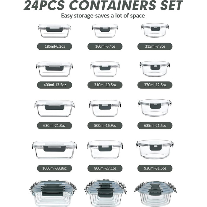 VERONES 24-Piece Crisper Set, Airtight Glass Lunch Boxes, Stackable with Lid, Freezer and Dishwasher Safe, Grey