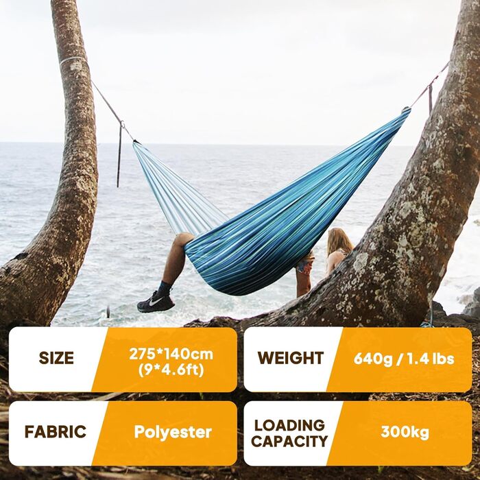 Ніжність у подорожах: Легка туристична гамак NATUREFUN | 300 кг, дихаюча, швидковисихаюча | 2 x карабіни, 2 x петлі | для відпочинку на природі, вдома, в саду (275 x 140 см, блакитно-білий)
