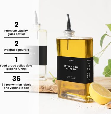 Molimoli Olive Oil Dispenser Bottle for Kitchen, Automatic Dispenser, Glass Thin Bottle Dispenser for Kitchen, Olive Oil Menage | 2-Piece Set - Black