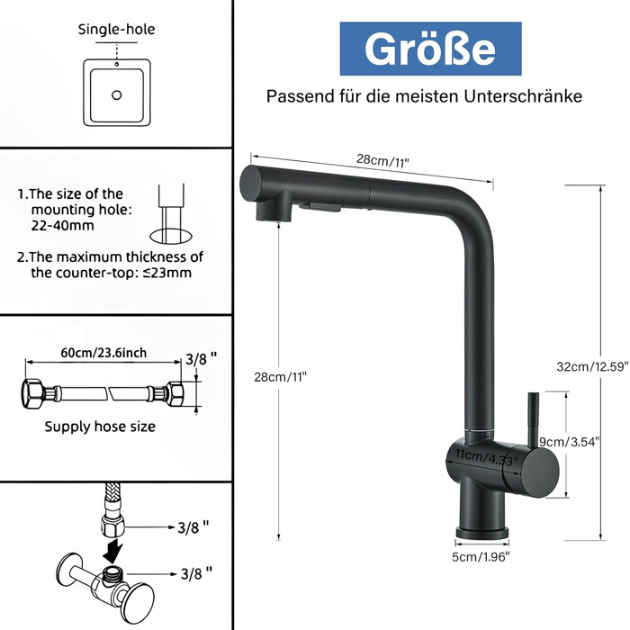 Змішувач кухонний Rozin для мийки, чорний матовий, з висувною лійкою, поворотний 360°, 2 режими, для кухні