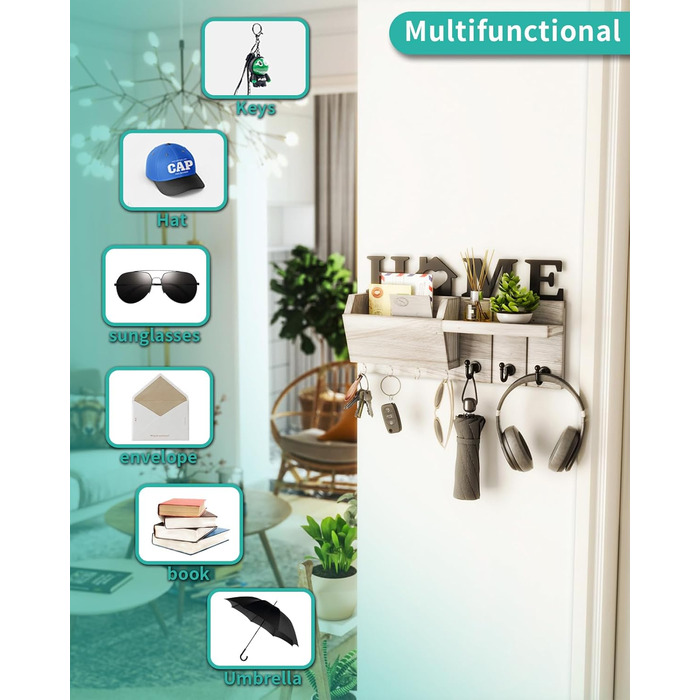 Дерев'яна ключниця HapiRm з декором HOME, 7 гачків, полиця для дрібниць, підходить для прихожої, спальні, офісу (біла)