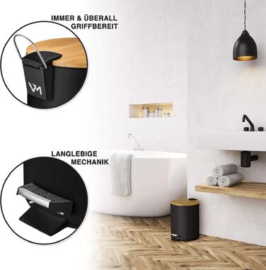 Смітник для косметики VMbathrooms 3L з педаллю та бамбуковою кришкою, Soft-Close, чорний матовий, для ванної кімнати та туалету