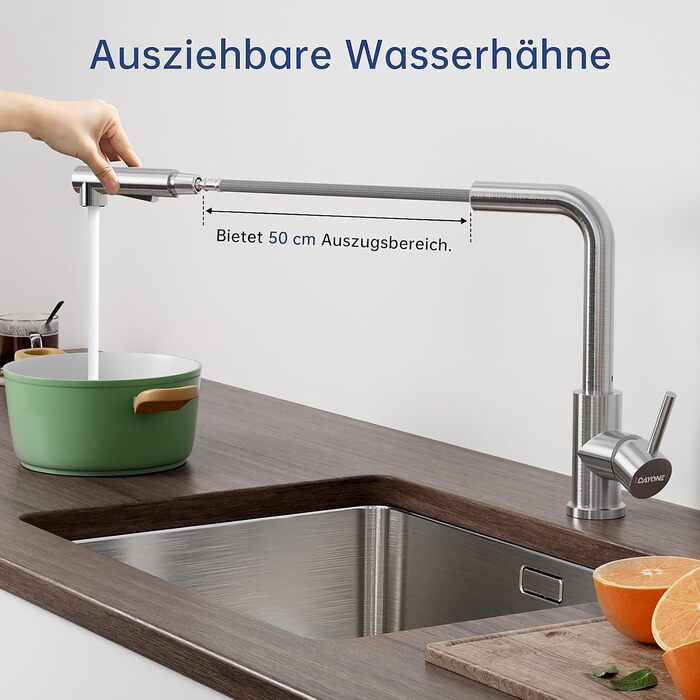 Кухонний змішувач DAYONE з висувною лійкою, нержавіюча сталь, 3 режими, 360° обертання, для кухонних мийок (15 см), матовий.