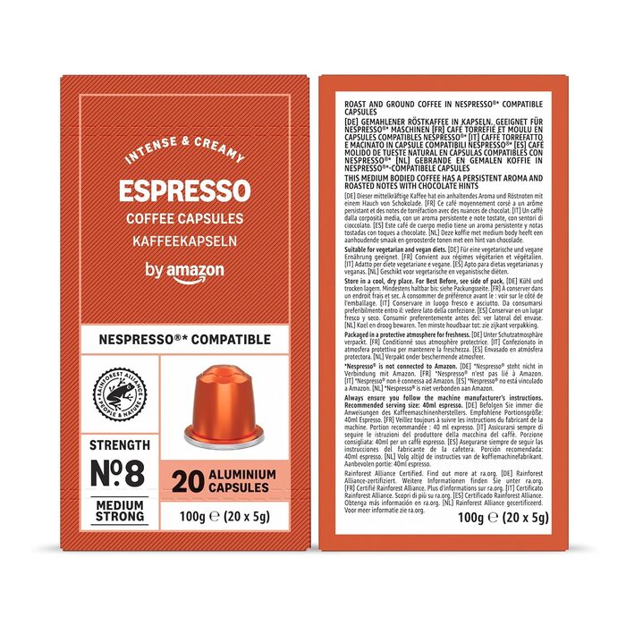 Кавові капсули Amazon з алюмінію, сумісні з Nespresso, світле обсмаження, 100 шт (5 упаковок по 20 шт), сертифікат Rainforest Alliance