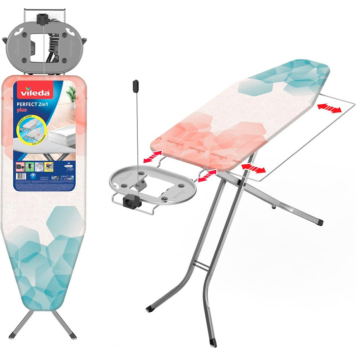 Гладильна дошка Vileda Perfect 2 в 1 Plus, 122 x 44 см, з регульованою підставкою для праски та висувним металевим кріпленням