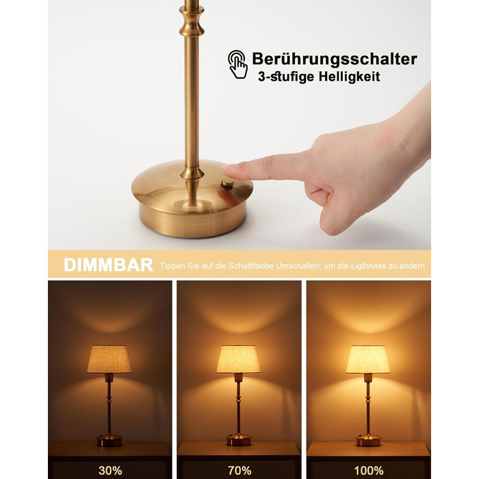 Акумуляторна настільна лампа: портативна, бездротова з регулюванням яскравості, для дому та саду. Тканинний абажур, металевий каркас білого кольору