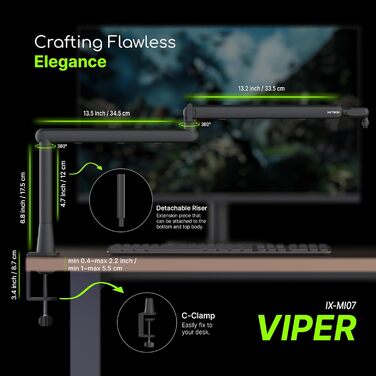 Тримач для мікрофона IXTECH RGB з низьким профілем, регульований кріплення для мікрофона зі стійкою, поворотний мікрофонний стійка з кабельною організацією для подкастів та стрімінгу (6 Viper)