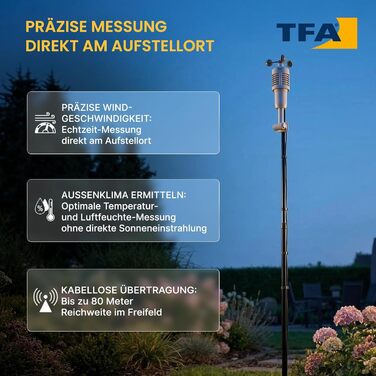 Метеостанція TFA Dostmann Spring Breeze з анемометром, чорна: прогноз погоди, годинник, історія, точка роси