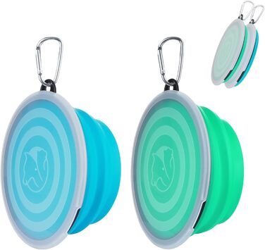 Складаний миска для собак SLSON, 2 шт., з кришкою та карабінами, 1000 мл, блакитний та зелений