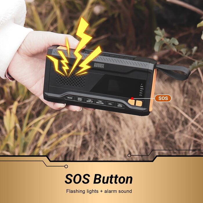 Радіо August MB290B з ручним приводом: DAB/FM/Bluetooth, сонячна панель, Powerbank 4500mAh, LED ліхтарик, таймер сну, SOS-сигнал, радіо для кемпінгу, походів та надзвичайних ситуацій