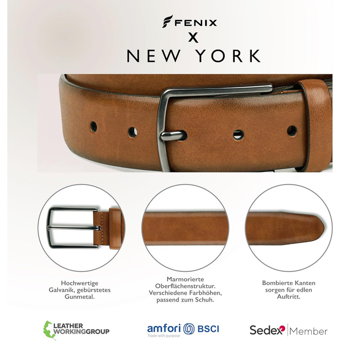 Чоловічий шкіряний ремінь FENIX NEW YORK, 80-125 см, ширина 35 мм, регульований, без нікелю, для костюма та джинсів, Desert Cognac 95