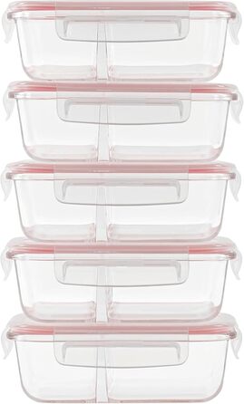 Контейнери для їжі Winter Shore скляні з 2 відділеннями (5 шт) - BPA-free, герметичні, для мікрохвильовки та морозилки (рожеві)