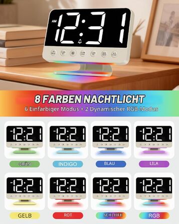 Цифровий будильник LED з RGB-підсвіткою та USB-портом, гучний сигнал 30-110 дБ для міцного сну, настільний годинник з функцією Snooze (Бежевий)