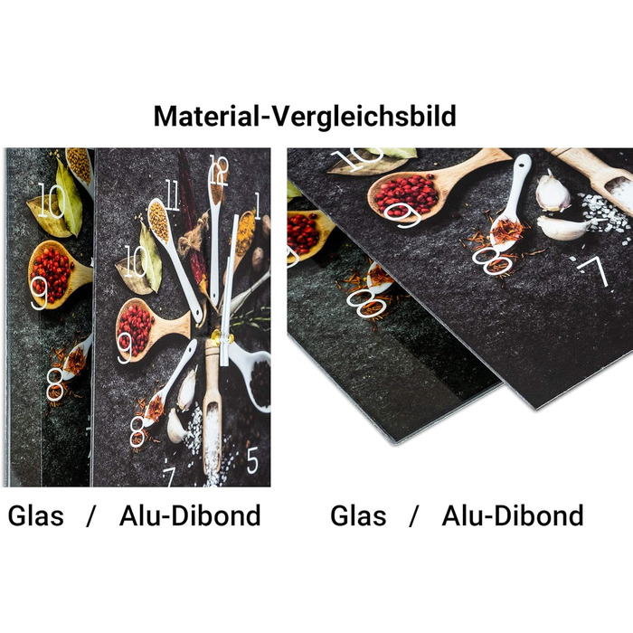 Levandeo Wall Clock made of Glass, 30x30cm - Clock as a Glass Picture, Ideal for the Kitchen, Herbs, Spices, Cooking, Decoration
