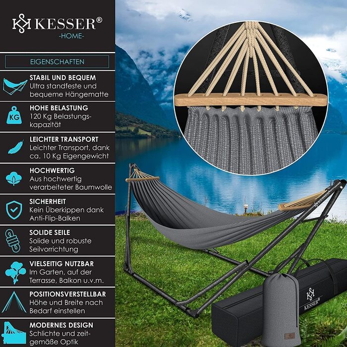 KESSER® Hammock Vill with Metal Stand, Foldable and Adjustable, Stable Frame, Indoor & Outdoor Use, Includes Carry Bag + Sack, Hanging Chair, Hammock Stand, Camping, Garden, Pool, Balcony, Terrace (Gray)
