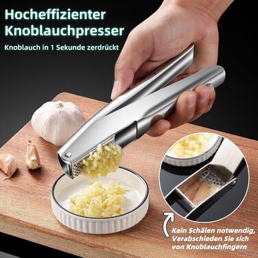 Прес для часнику та імбиру з нержавіючої сталі 18/8, велика чаша, не потребує очищення, стійкий до миття в посудомийній машині, гарантія 5 років
