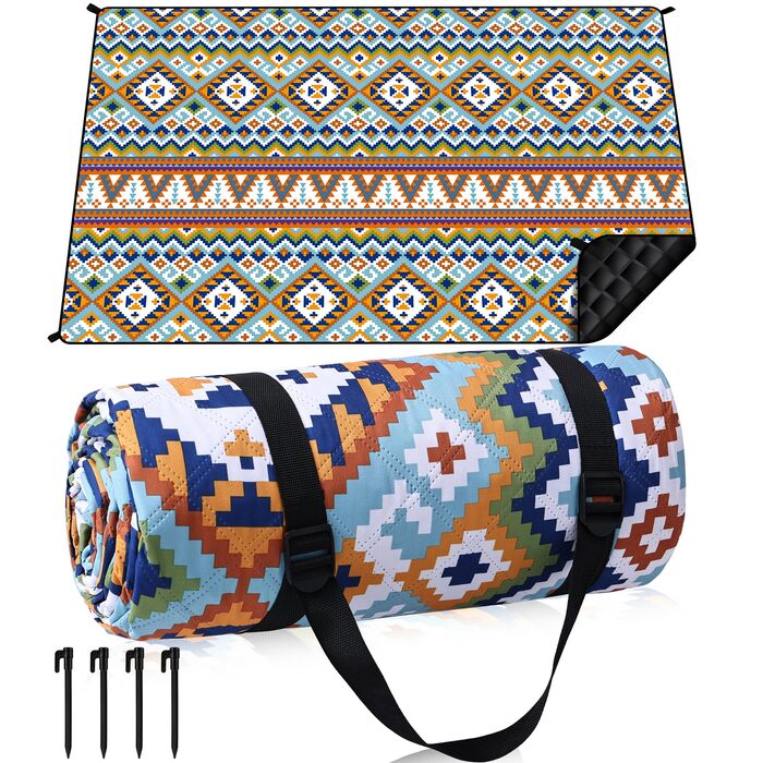 Плед для пікніка Boho водонепроникний XL (200x300 см) з ручкою та кілочками для пляжу, кемпінгу, парку – Boho стиль