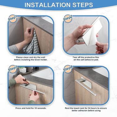 Тримач для рушників без свердління, подвійний, 304 нержавіюча сталь, рушник-перекладина з двома підлокотниками, самоклеючий, для гостьових рушників, монтаж на стіну для ванної кімнати та кухні (срібний)