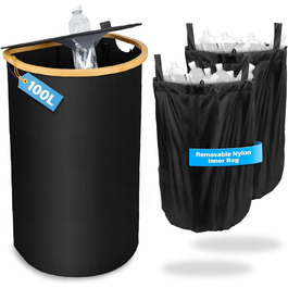 Deposit bottle collection container with lid & 2 removable carry bags, large deposit bottle storage, container for empties & glass recycling, kitchen pantry bottle bag (100L)