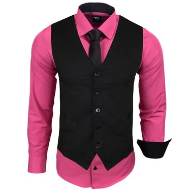 Чоловічий костюм-трійка Subliminal Mode: сорочка, жилет, краватка, Slim Fit, довгий рукав, бізнес, подарунковий набір, колір фуксія, розмір S