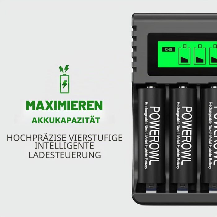 Зарядний пристрій POWEROWL з 8 акумуляторами: 4 AA 2800mAh + 4 AAA 1000mAh Ni-MH для швидкої зарядки