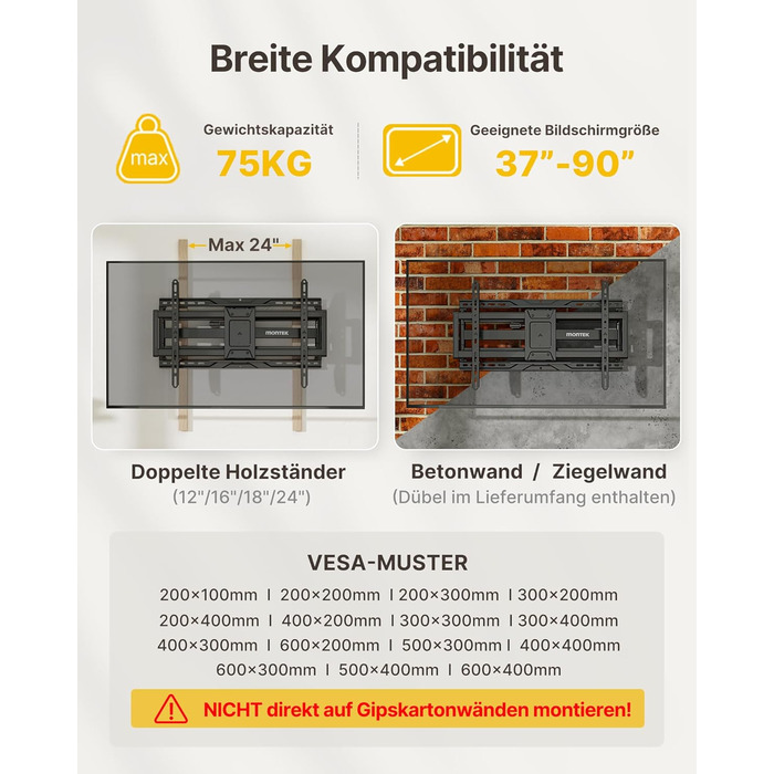 Кріплення для телевізора monTEK – підходить для телевізорів 37-90 дюймів (до 75 кг), з подвійними шарнірними руками, регулюванням нахилу та повороту, висувний, VESA 600x400 мм