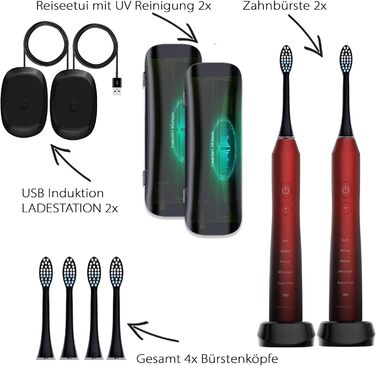 Електрична зубна щітка Tristan Auron Doppelpack 55000 VPM з UV-кейсом, 60 днів акумулятора, 5 режимів чищення, IPX7 водонепроникність, зарядний пристрій (Чорний+Рожевий)