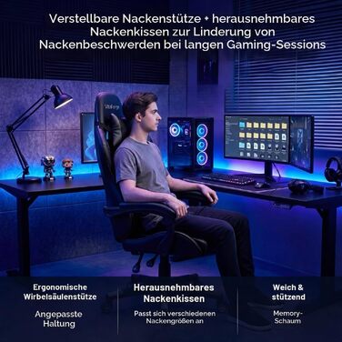 Ігрове крісло Gaming-Sessel для офісу та геймерів, з динамічною підтримкою попереку, регулюванням висоти та підлокітників, обертання на 360°, м'яка оббивка, чорне