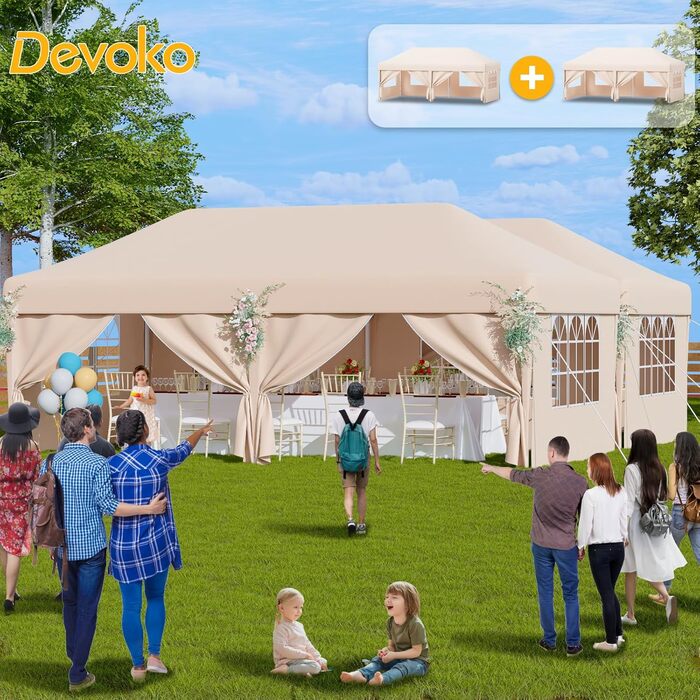 Devoko Gazebo, 2x2 Gazebo Waterproof, Stable, Winter-Proof, 3-Height Adjustable, Folding Gazebo UV Protection 50+, Folding Tent, Folding Canopy, Gazebo with Carry Bag, For Garden Outdoor Camping, (3*6m 6 Side Walls, Beige)