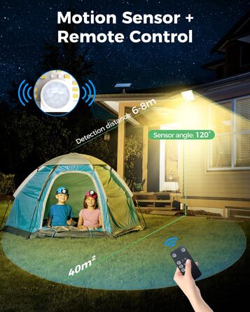 LOTMOS 2 Pack Solar Lights for Outdoor with Motion Sensor, 342 LED Outdoor Light Solar IP65 Waterproof Solar Spotlight 3 Modes with Remote Control, Solar Lamp Outdoor for Garden Garage Exterior (Warm White, 4 Pack)