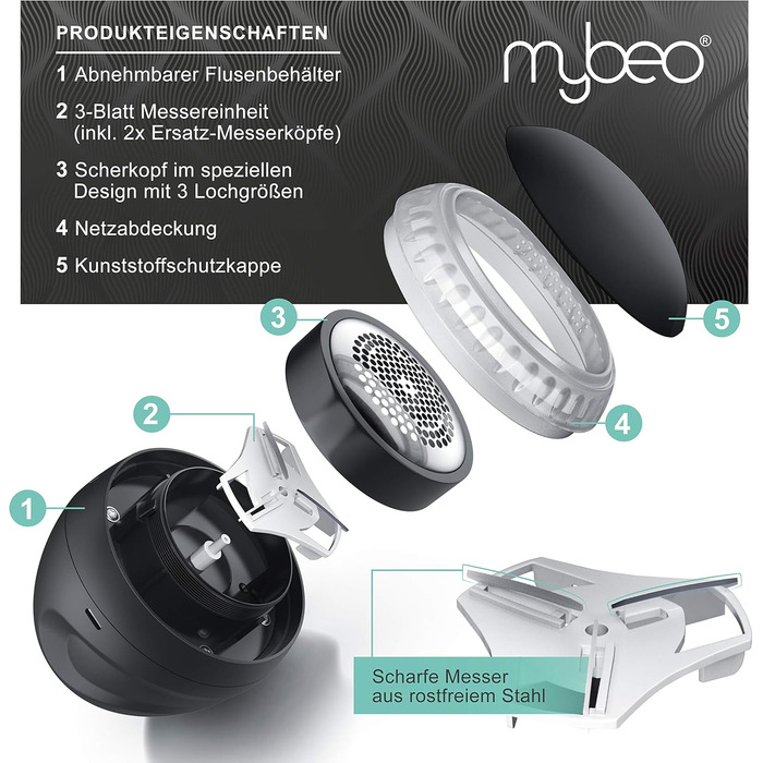 Електричний видальник ворсу MyBeo - бездротовий прилад для одягу з 2 змінними лезами та USB-кабелем для зарядки