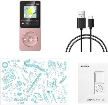 MP3 плеєр AGPTEK A02 8GB Rosegold - 70 годин відтворення, 1.8