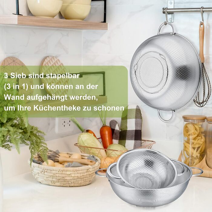Ніж Sieb Homikit, нержавіюча сталь, сито для макаронів з ручками, мікроперфороване Ø, сито для стікання/миття/проціджування/миття, нержавіюче, здорове та придатне для миття в посудомийній машині (3, 28+22+16 см)