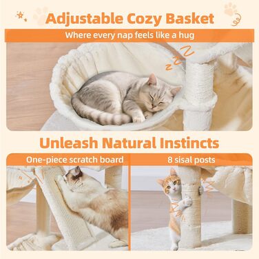 Дерев'яний кігтеточки для котів Taoqimiao MS026W, великий, бежевий (146 см) з 2 будиночками, гамаком та 8 стовпчиками для заточування кігтів