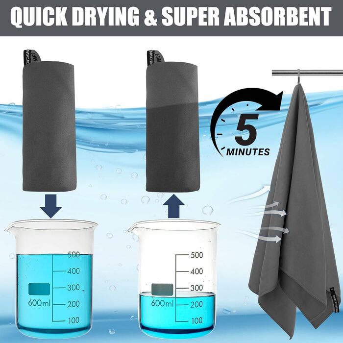 Набір рушників Neerow з мікрофібри (3 шт.): великий (152x76 см), фітнес (80x40 см), маленький (30x30 см), темно-сірий, швидковисихаючі