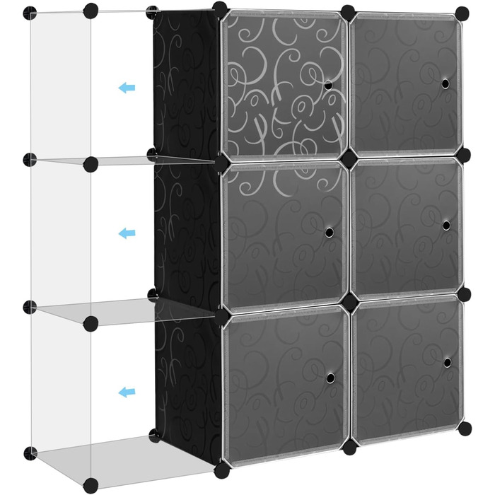 WOLTU Stackable Shoe Boxes, Shoe Rack with 6 Stackable Boxes, Storage Box with Door, DIY Shelf, Plastic Box for Shoe Storage, Shoe Organizer, 35x35x35 cm per Shoe Box, Black
