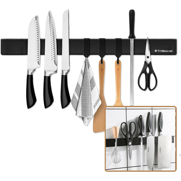 Improved 50cm Trhillsbrad Magnetic Knife Strip, 50cm Magnetic Knife Holder with 3 Hooks, Stainless Steel Knife Rail, Self-Adhesive, Black Wall Mount Magnetic Strip, No Drilling Knife Holder