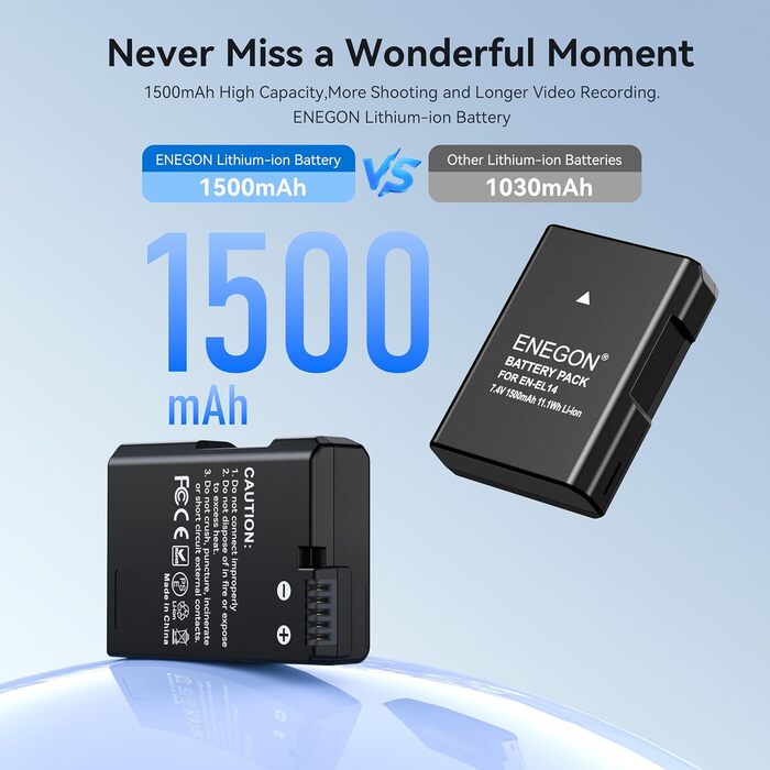 Зарядний пристрій ENEGON EN-EL14 20W з подвійним акумулятором, швидка зарядка, сумісний з Nikon D3100-D3500, Coolpix P7000-P7100, LCD-дисплей (2 акумулятори)