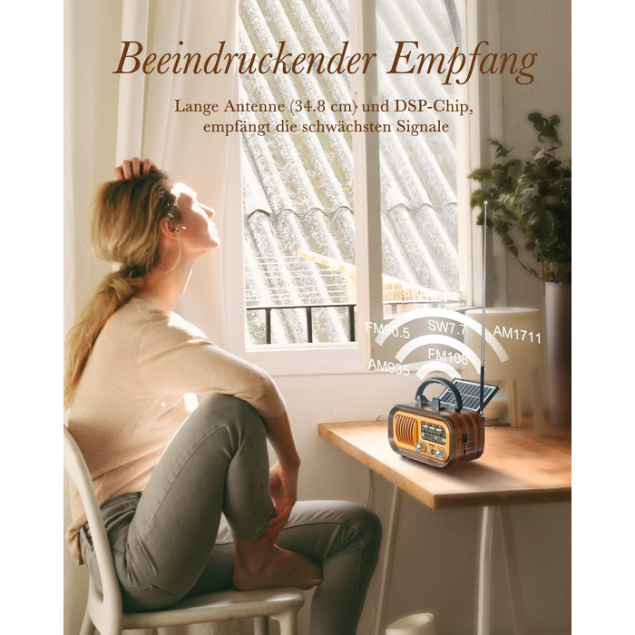 Вінтажне радіо Prunus J-150 AM/FM/SW з Bluetooth, USB/TF, сонячною панеллю та акумулятором 1200 mAh