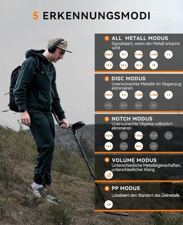 Металошукач SUNPOW – 5 режимів, професійний для дорослих, з Pinpointer, водонепроникний IP68, 30см котушка, 2 HD-LCD дисплеї, DSP-чип, регульований стержень, міцна спіральна структура, повний комплект (OTMD07)