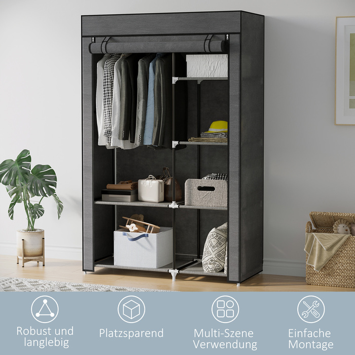 HOMCOM Clothes Closet Fabric Wardrobe with Clothes Rail, 6 Compartments, Foldable Wardrobe in Felt-like Fabric, Folding Closet for Bedroom, Hallway, Dark Grey, 103 x 43 x 162.5 cm | Aosom