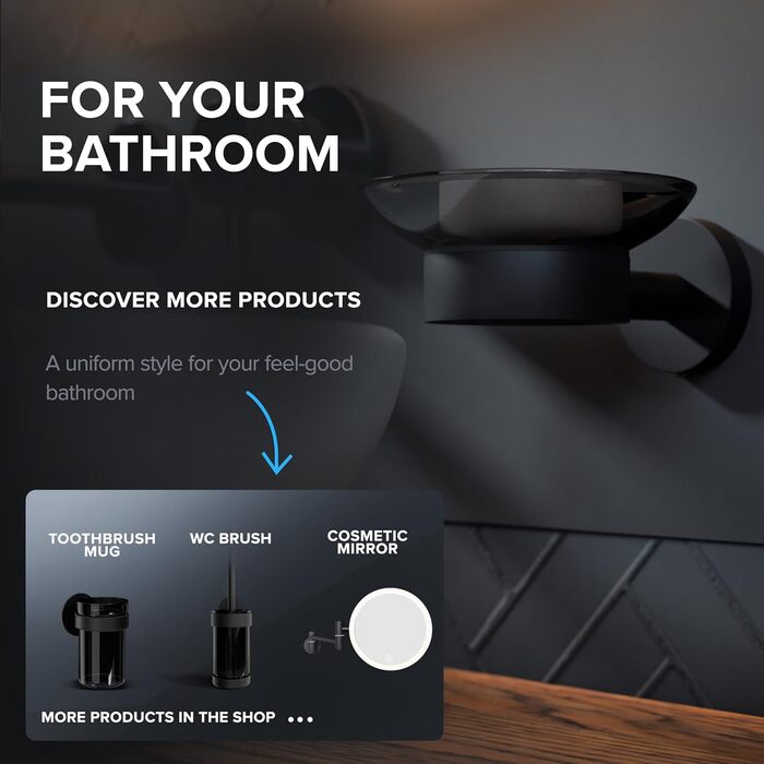 Миска для мила з кріпленням для настінної установки | Нержавіюча сталь | Чорний колір | Зі скляною вставкою | Для ванної кімнати або кухні