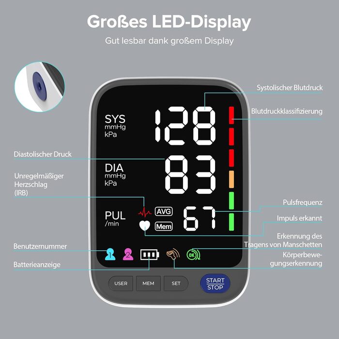 Тонометр WAJ для вимірювання артеріального тиску на плечі з великою манжетою (22-42 см) | LED-дисплей 6,4 дюйма | Виявлення аритмії | 2×120 місць пам'яті | Вимірювання пульсу | Білий