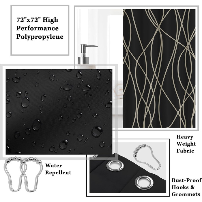 Набір аксесуарів для ванної кімнати Britimes, чорний: шторка для душу, відро, дозатор мила, тримач для унітазу, тримач для зубних щіток та стаканчик для зубних щіток