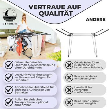 MONDHEIM® Сушарка для білизни XXL, 26 м довжини, чорна, знімний поперечина, для балкону/тераси