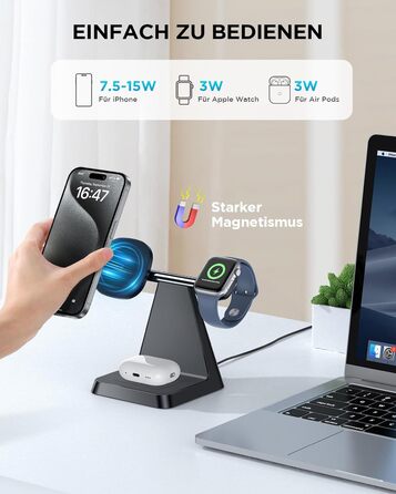 Бездротовий зарядний пристрій MagSafe 3-в-1 для iPhone: зарядка для Apple Watch та AirPods, сумісний з iPhone 16/15/14/13/12 (Білий/Чорний)