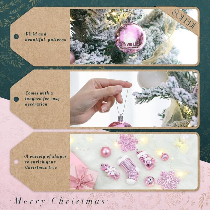Набір ялинкових прикрас SOLEDI® 128шт. Преміум якість: рожеві та білі пластикові кулі з зіркою та верхівкою. Міцний та безпечний набір прикрас з петельками. Яскраві ялинкові кулі, багаторазовий декор для Різдва.